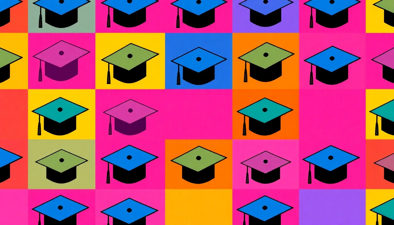 A grid of brightly colored, high-contrast silkscreen images of a graduation cap icon, rendered in a bold, abstract pop art style that captures the public's shifting perception of higher education.