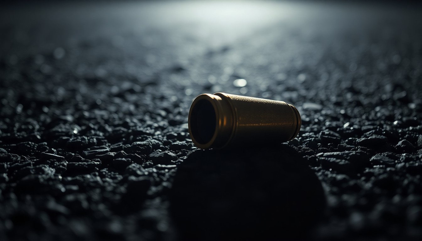 An extreme close-up photograph of a spent shell casing on a dark asphalt surface, reflecting a harsh camera flash and creating a stark, gritty, investigative aesthetic.