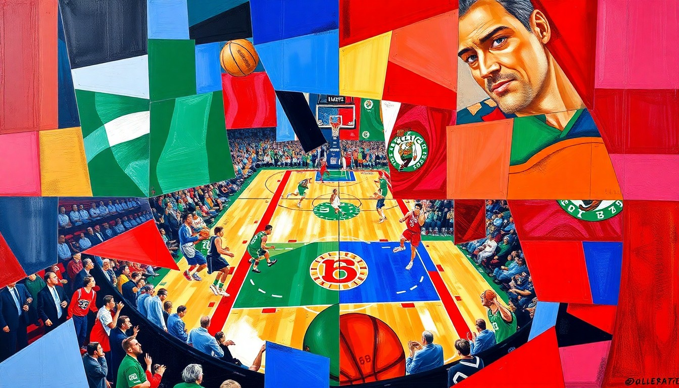 A fractured, cubist-style painting depicting a basketball game between the Philadelphia 76ers and Boston Celtics, with the players and court broken down into sharp, overlapping geometric shapes in the teams' respective colors.
