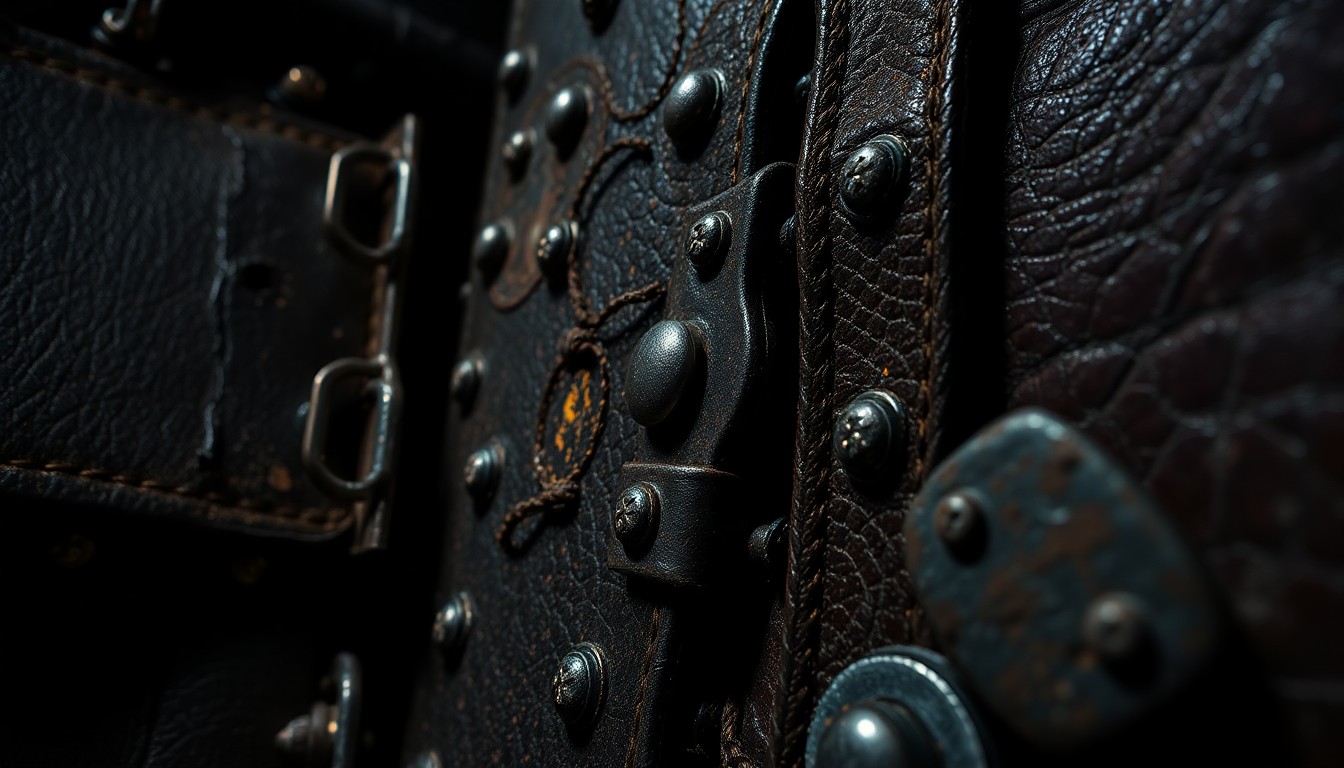 An abstract close-up photograph of heavy metal textures like distressed leather, studded metal, and grungy stage equipment, captured in dramatic high-contrast studio lighting to create a gritty, high-fashion aesthetic.