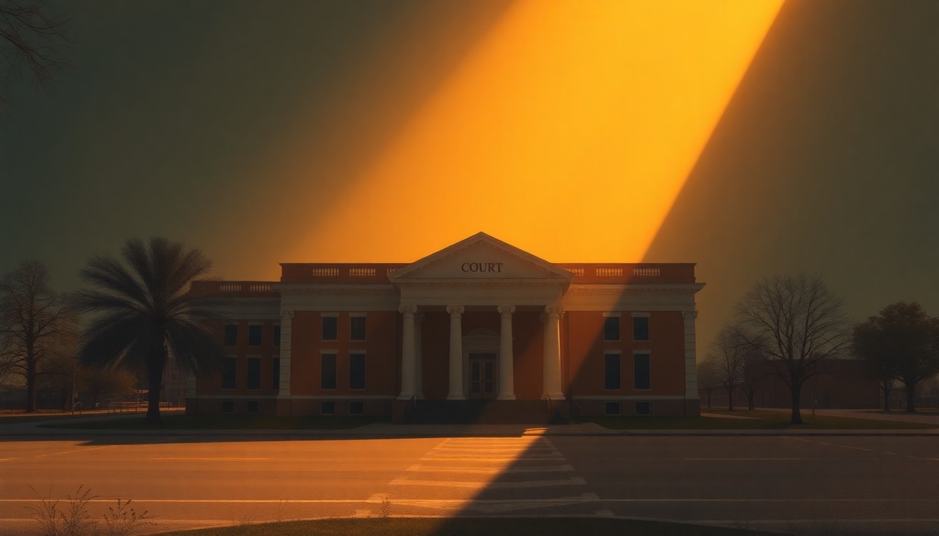 A warm, cinematic painting of a government building or courthouse, with deep shadows and diagonal sunlight creating a pensive, nostalgic mood.