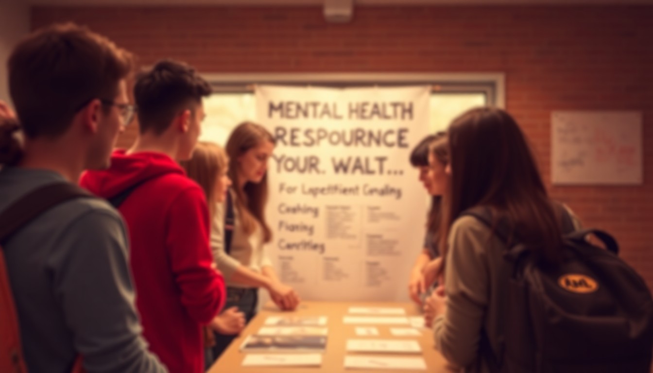 An abstracted, out-of-focus photograph showing the blurred silhouettes of several people gathered around a table, conveying a sense of connection and community support around mental health awareness.