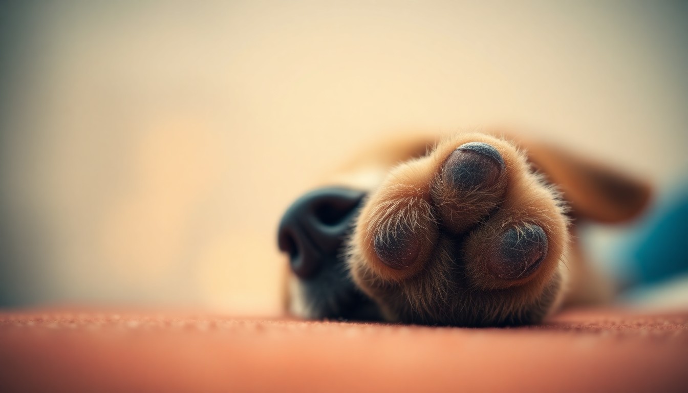 A soft, impressionistic photograph of a dog's paw resting on a blurred, warm-toned surface, conveying the emotional connection between a pet and their owner.