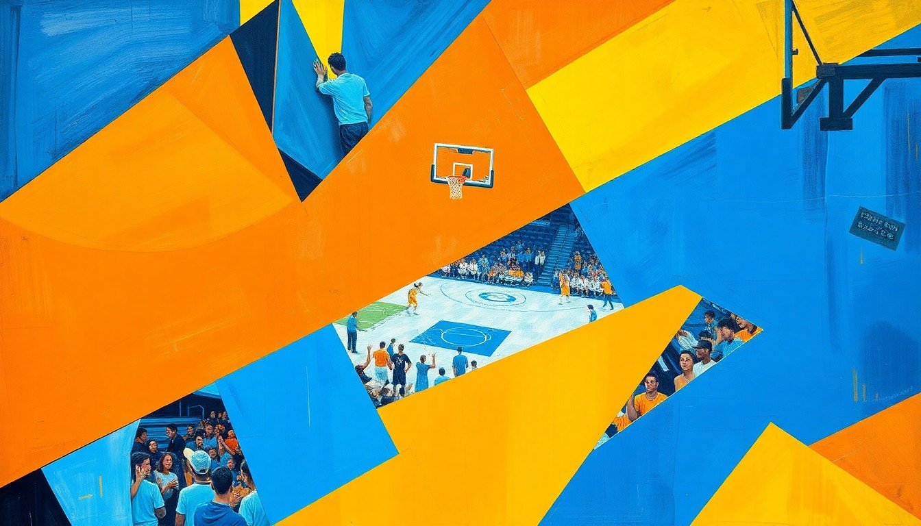 A fractured, geometric painting in bright colors depicting a basketball game or championship celebration, with sharp overlapping planes and an abstract, deconstructed style.