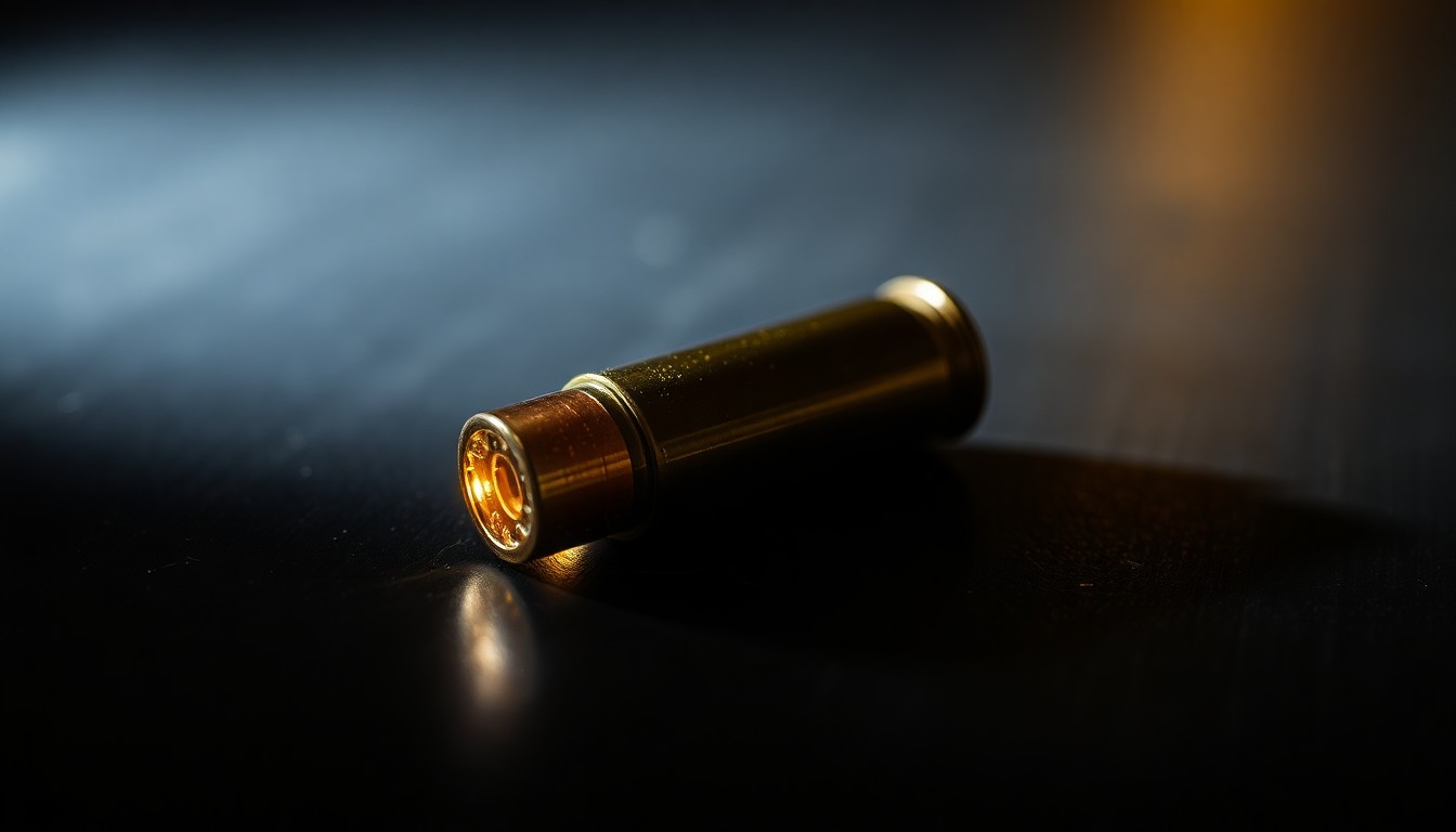 An extreme close-up photograph of a single spent bullet casing on a dark surface, lit by a harsh, direct camera flash, creating a stark, gritty, investigative aesthetic.