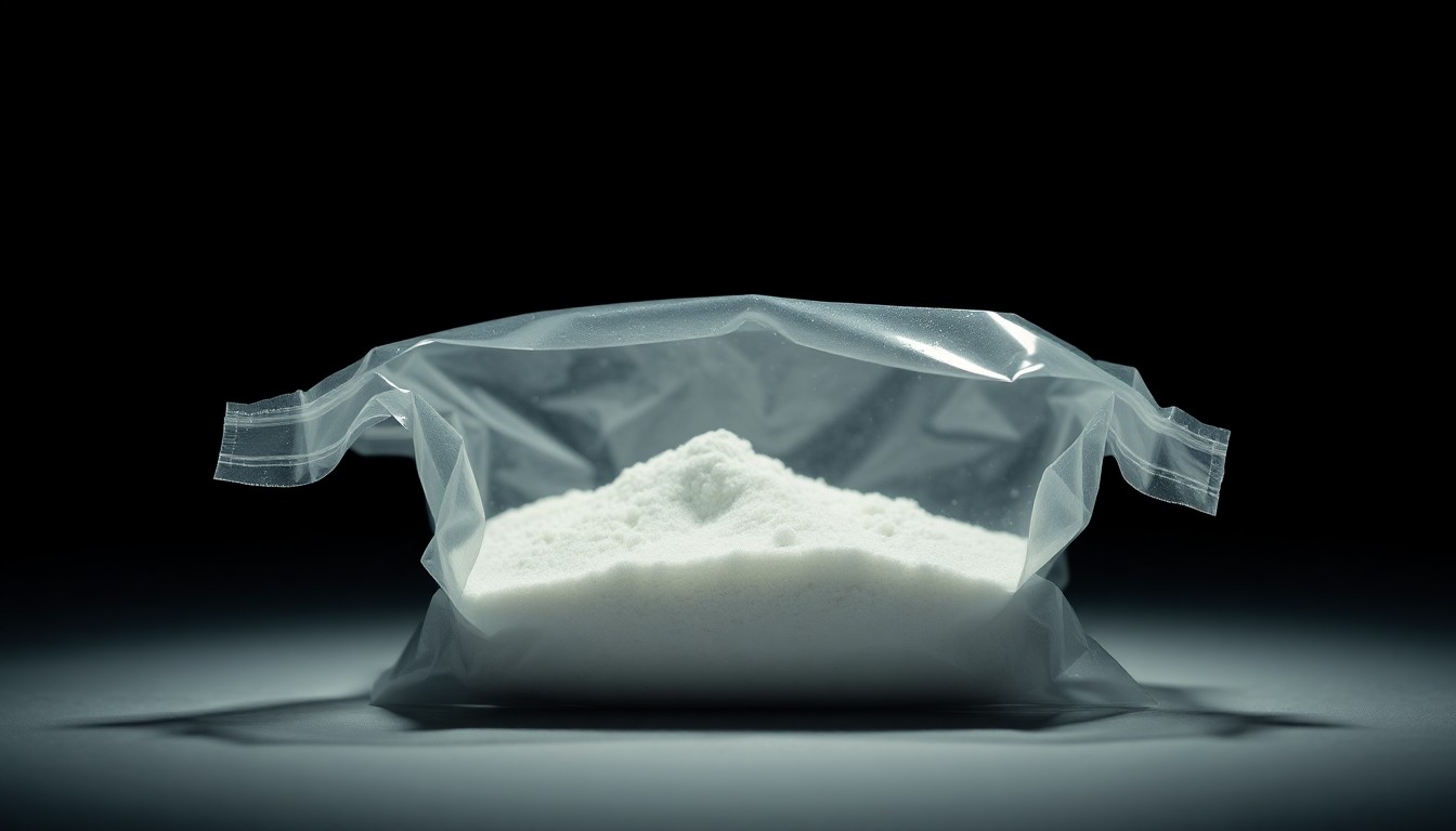 An extreme close-up photograph of a small plastic bag containing a white powdery substance, lit by a harsh, direct camera flash against a pitch-black background, creating a stark, gritty, investigative aesthetic.