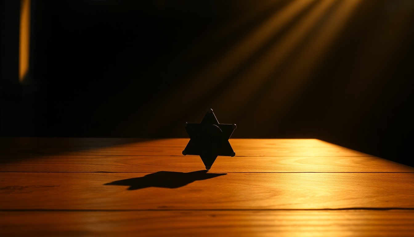 A close-up painting of a sheriff's badge resting on a wooden table, the badge's metallic surface reflecting warm, golden light and casting long shadows, conveying a sense of solitary duty and the weight of political responsibility.