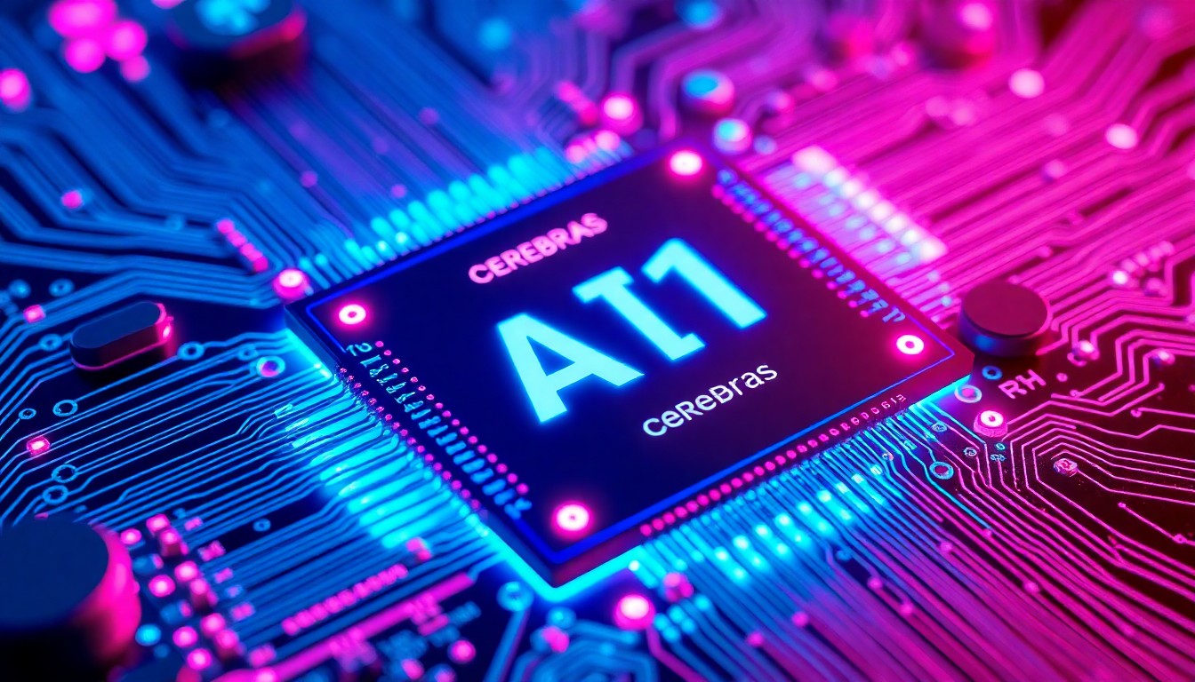 A highly detailed, glowing 3D illustration of a complex AI chip, with vibrant neon lights highlighting the intricate circuitry and components, representing the technological innovation driving the surge of tech IPOs.