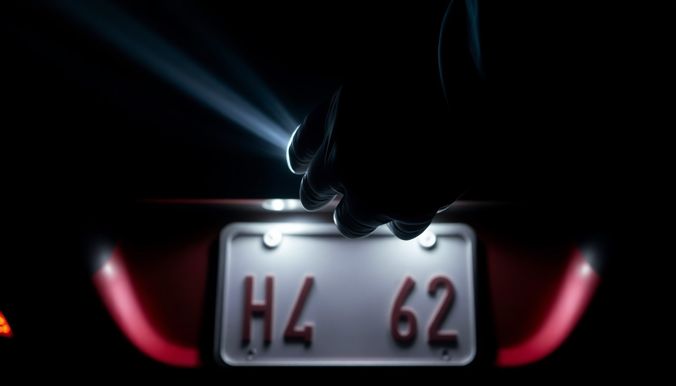 An extreme close-up of a partially obscured car license plate, dramatically lit by a harsh camera flash against a dark background, conceptually representing the tension and danger of a driver fleeing a police checkpoint.
