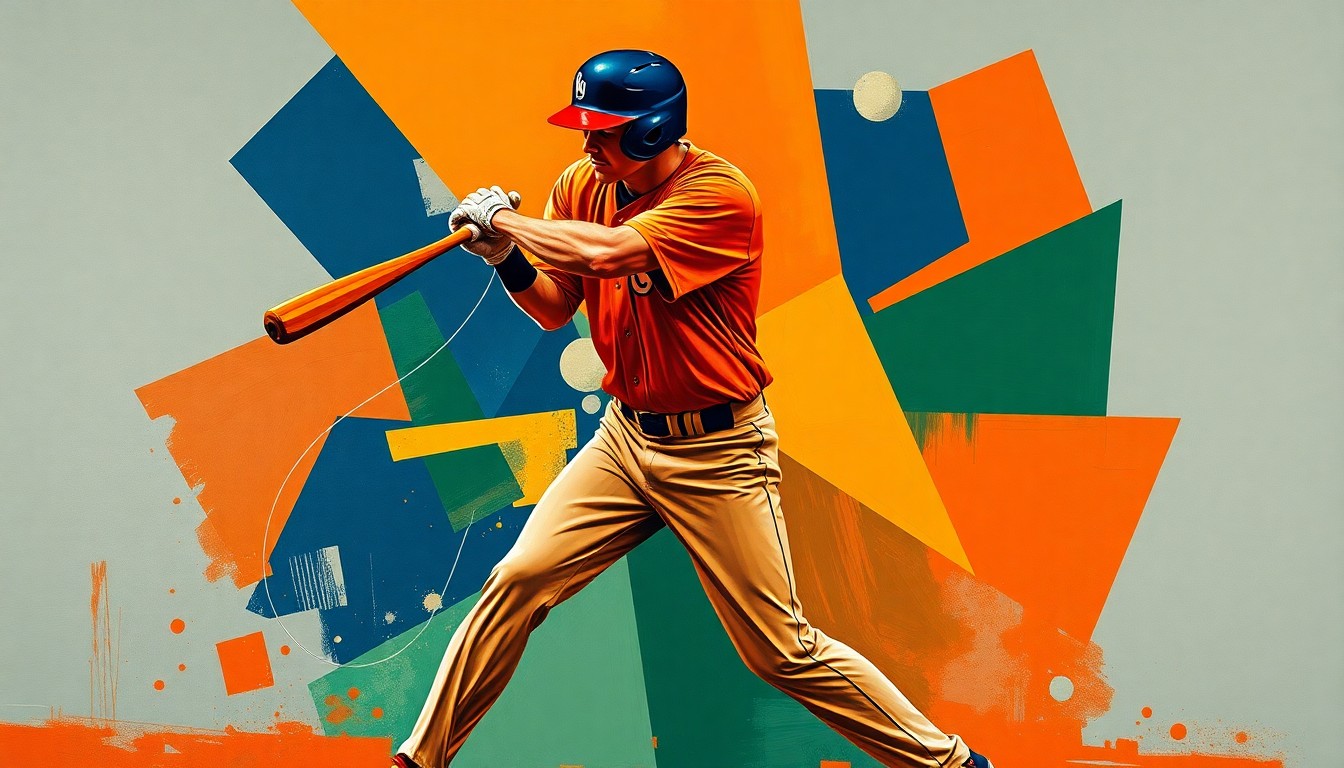 A cubist-style painting depicting a baseball player's batting stance and swing broken down into sharp, overlapping geometric shapes in warm, earthy tones, conveying the unconventional talent and flexibility of the player.