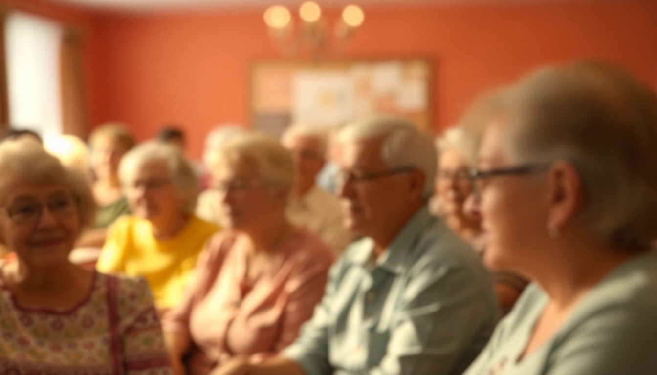 An impressionistic, blurred photograph showing the silhouettes of several older adults gathered together in a warm, softly lit setting, conveying a sense of community and connection.