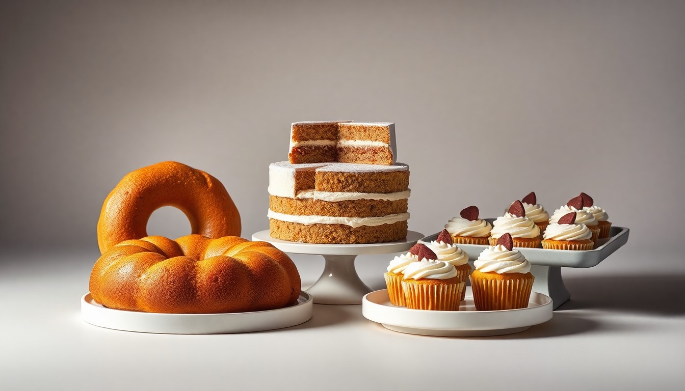 A high-end, photorealistic studio still-life photograph featuring a selection of Termini Bros Bakery's signature baked goods, including a coffee cake ring, a layered cake, and a tray of cupcakes, arranged elegantly on a clean, monochromatic seamless background. The objects are made from polished raw materials and clean geometric shapes, using sharp, dramatic studio lighting and deep shadows to represent the bakery's commitment to quality and affordability.