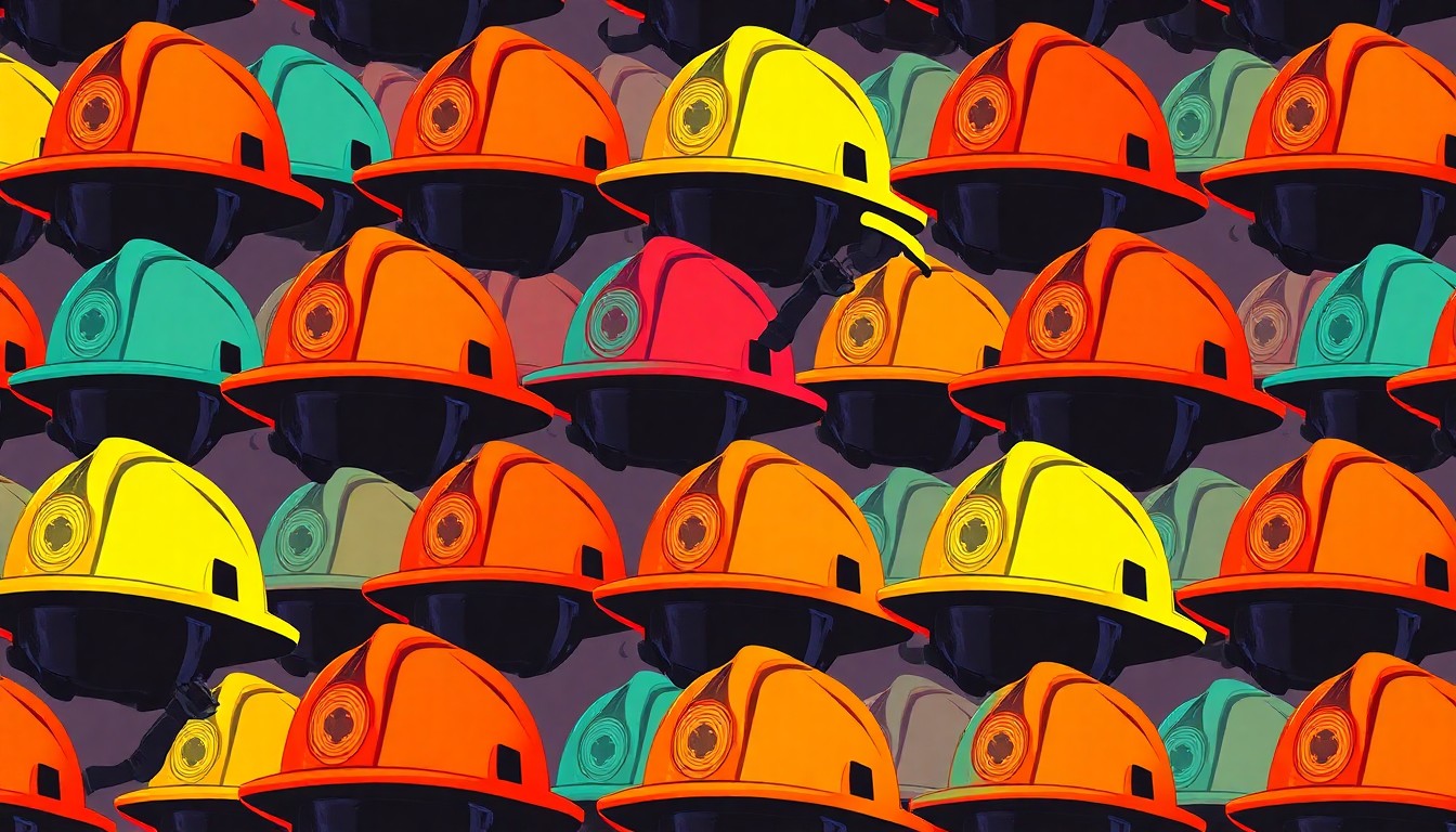 A high-contrast silkscreen print of a firefighter's helmet repeated in a grid, rendered in bright, neon-like colors with heavy black outlines, conceptually representing the empowering second chance provided by the inmate firefighter program.