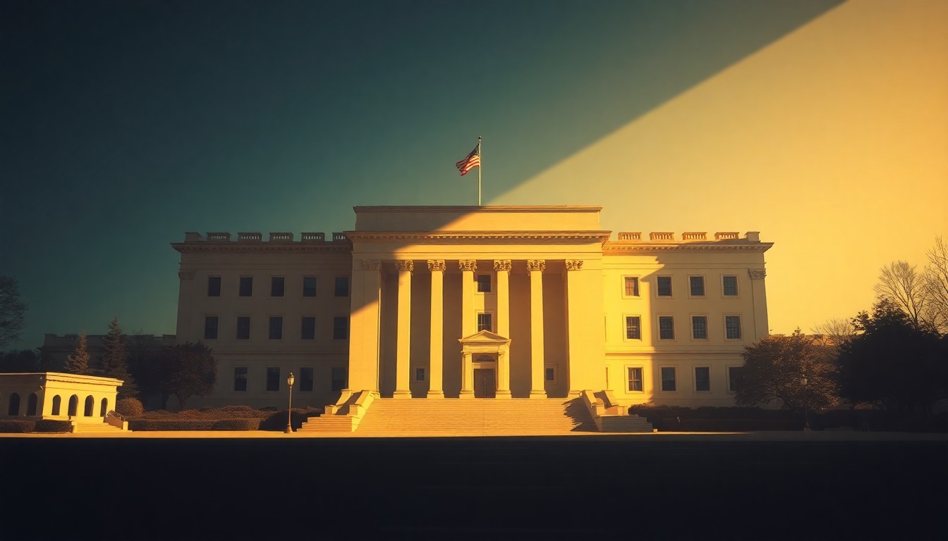 A dimly lit, cinematic painting of a government building's exterior, with warm sunlight casting long shadows across the facade, creating a somber, isolated mood that reflects the moral and political tensions surrounding the former president's controversial remarks.