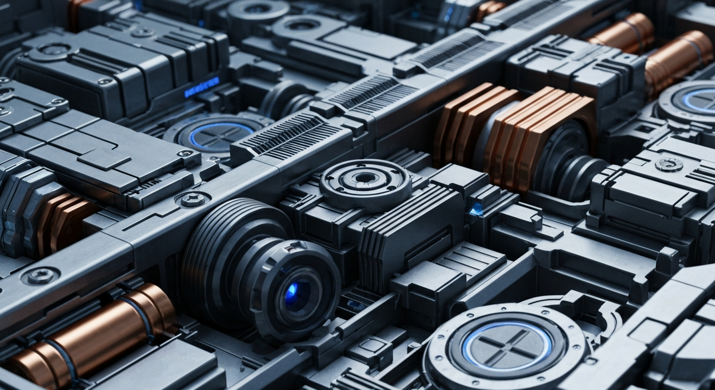 An extreme close-up of complex, interlocking industrial machinery and components in shades of steel grey, copper, and electric blue, conceptually representing the vital but unseen infrastructure powering the AI revolution.