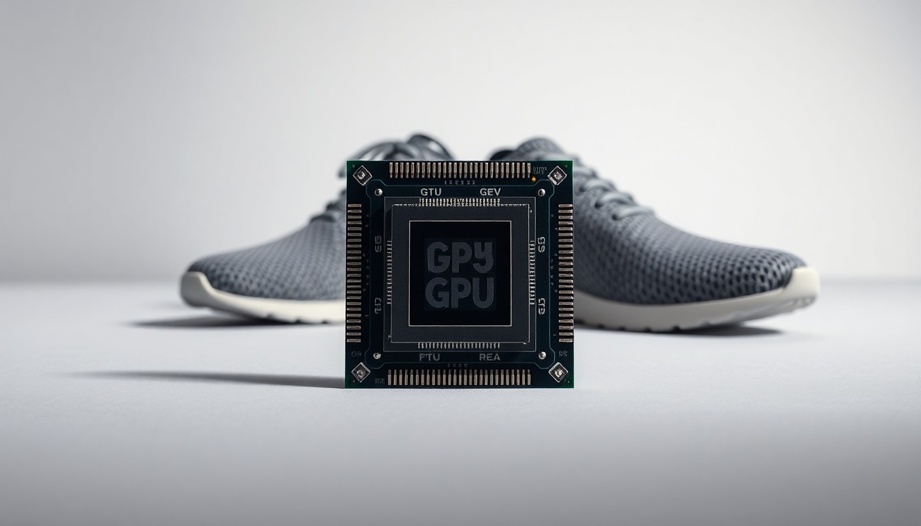 A high-end, photorealistic studio still-life photograph featuring a sleek, metallic GPU chip and a pair of Allbirds shoes in the background, all arranged elegantly on a clean, monochromatic seamless background with sharp, dramatic lighting and deep shadows.