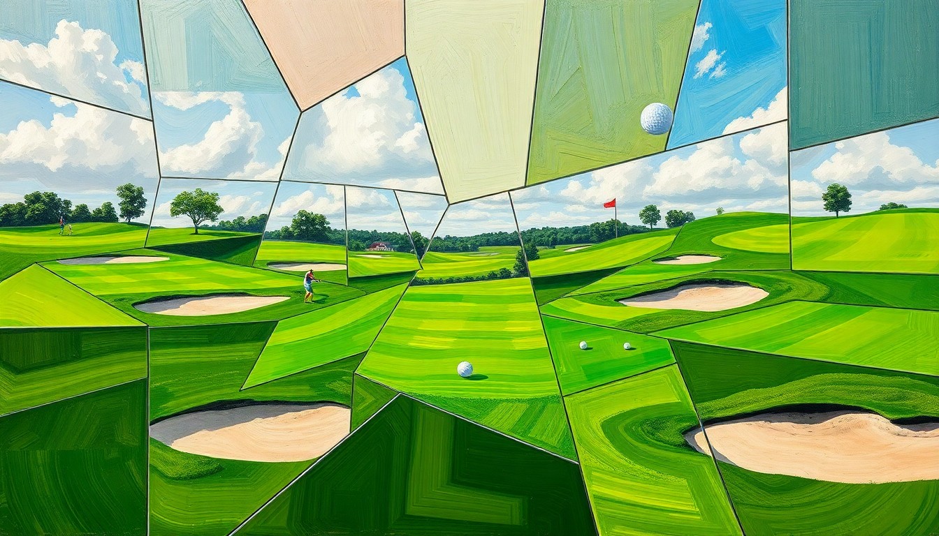 A cubist, geometric painting depicting a high school golf match, with fairways, sand traps, and flying golf balls fractured into sharp, overlapping planes of color.