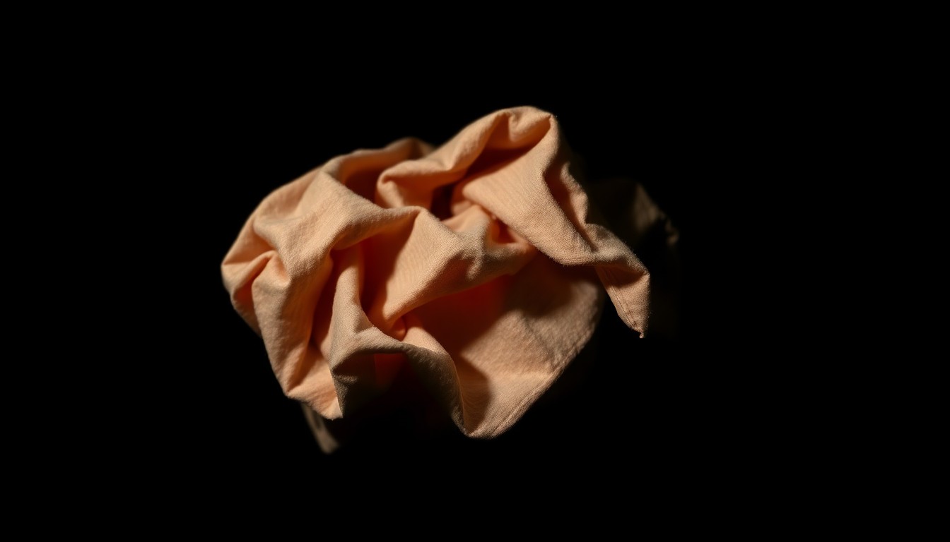 An extreme close-up photograph of a crumpled piece of clothing fabric, lit by a harsh, direct camera flash against a pitch-black background, creating a stark, gritty, investigative aesthetic.