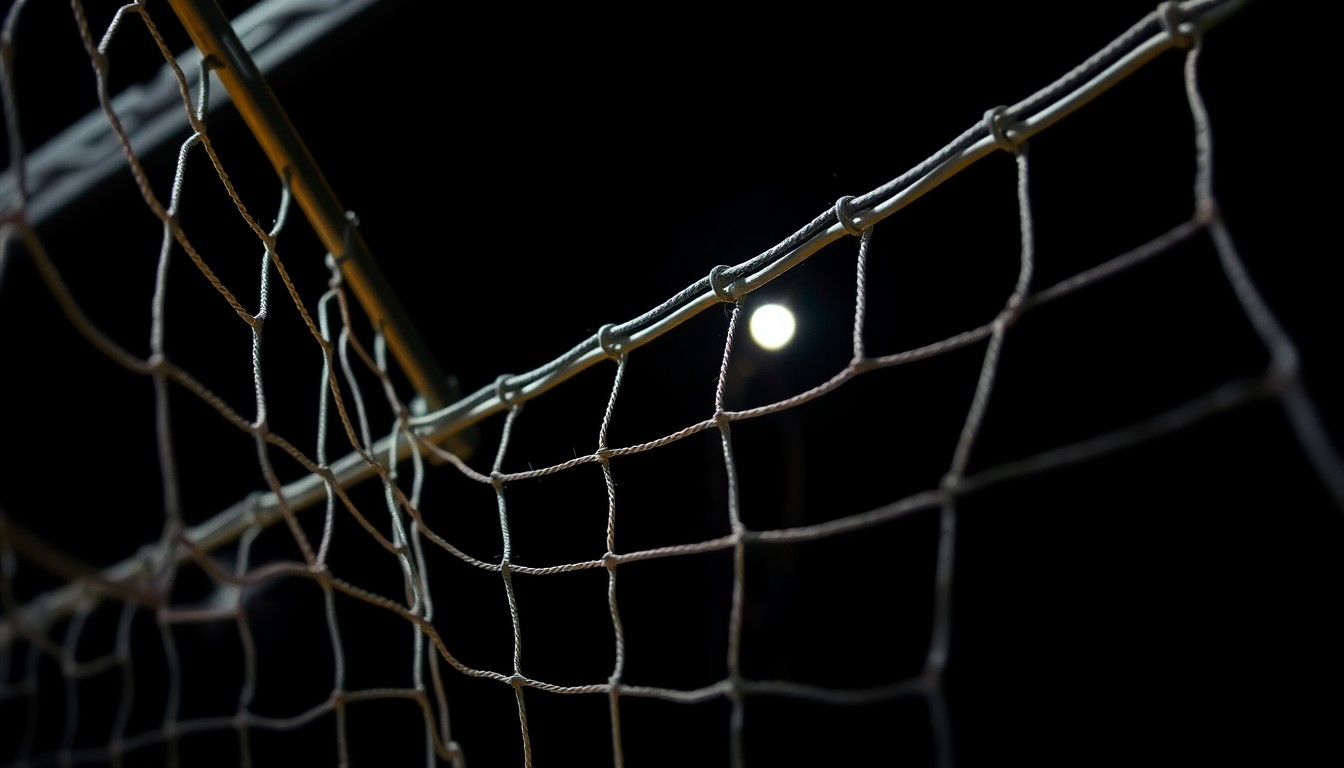An extreme close-up photograph of a volleyball net's metal wires and plastic netting, lit by a harsh, direct camera flash against a pitch-black background, creating a stark, gritty, investigative aesthetic.