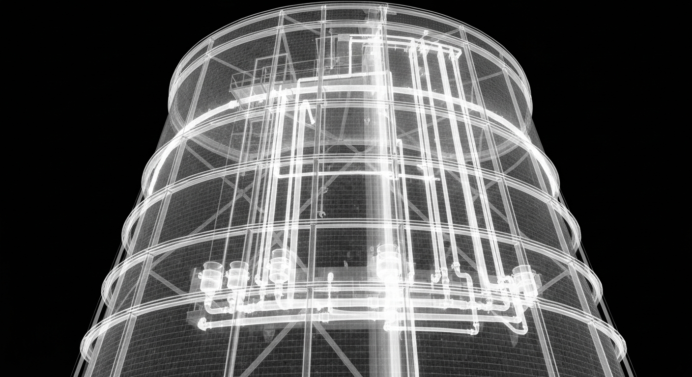 A translucent, ghostly X-ray photograph revealing the internal structure of a hotel cooling tower, with glowing lines and shapes representing the water systems and components that contributed to the Legionnaires' disease outbreak.