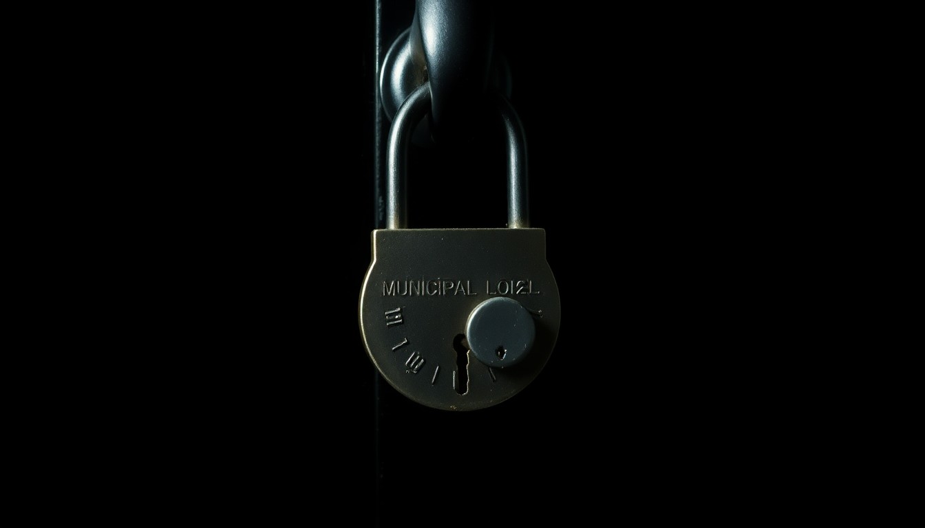 An extreme close-up of a padlock on a municipal building door, reflecting harsh lighting and creating a stark, gritty visual that conceptually represents the lockdown of a government facility due to an active law enforcement situation.