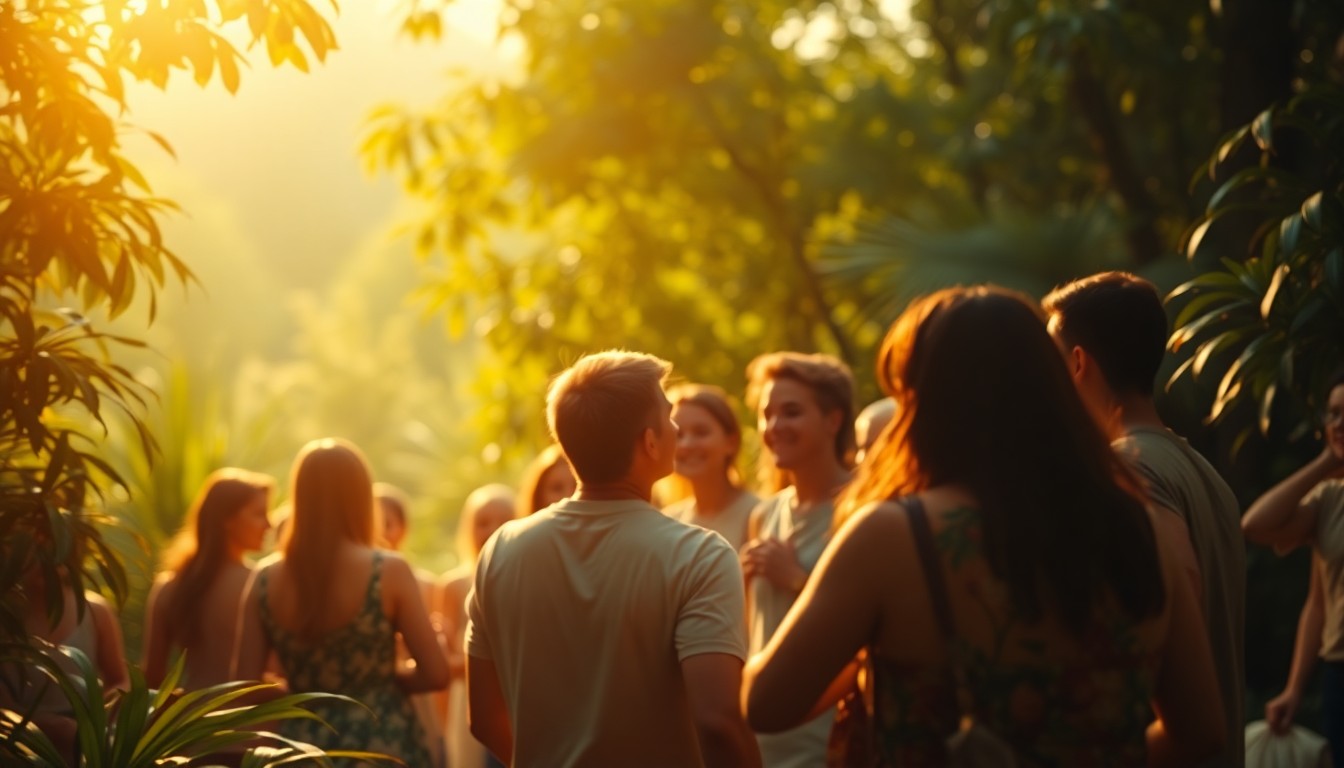 An abstract, impressionistic photograph in soft, warm tones depicting a group of people gathered together in a lush, natural setting, celebrating life and community.