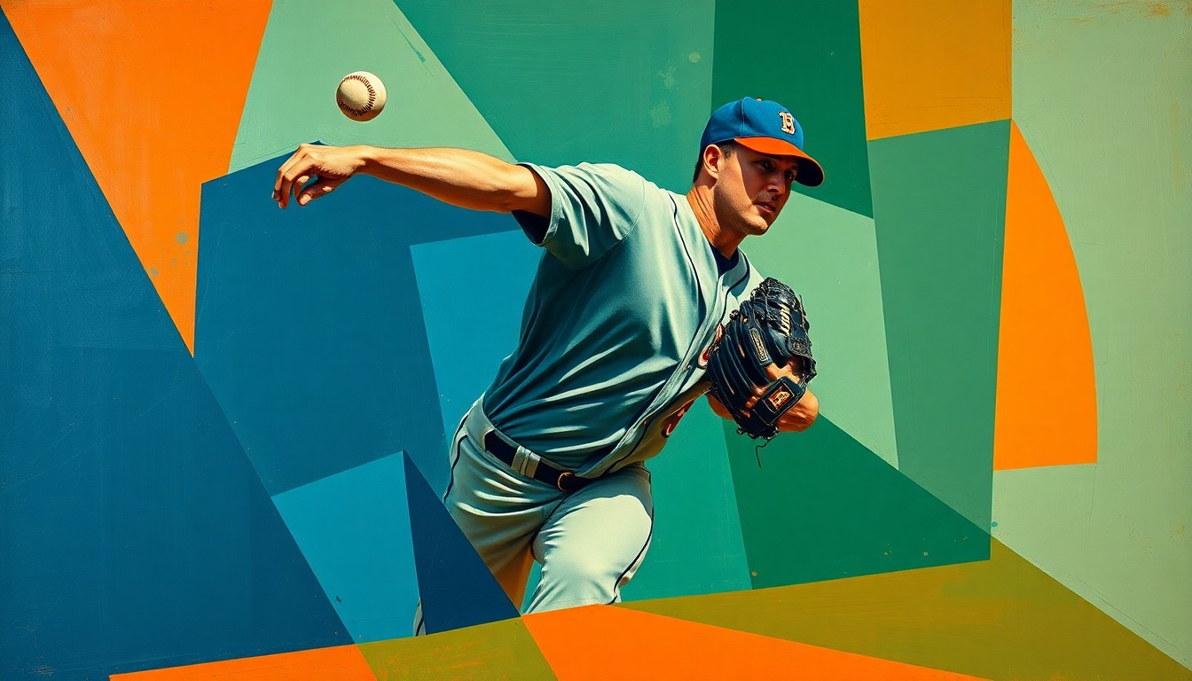 A fragmented, geometric painting depicting a baseball pitcher's throwing motion broken down into sharp, overlapping planes of navy, green, and orange, conveying the disruption caused by the Astros' loss of their All-Star closer Josh Hader to injury.