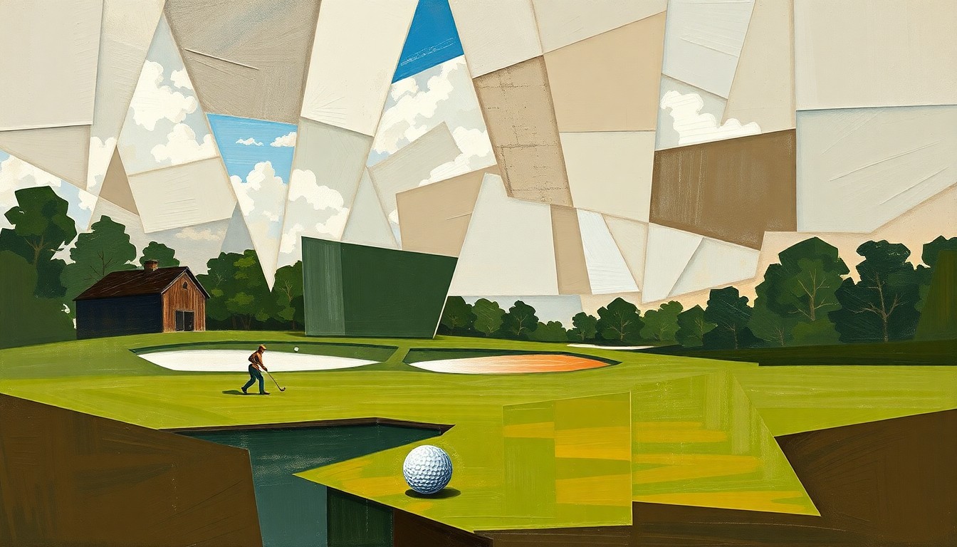 A fragmented, geometric painting in muted earth tones, with sharp planes and angles representing the complex emotional experience of a golfer who struggled on the final day of a major tournament.