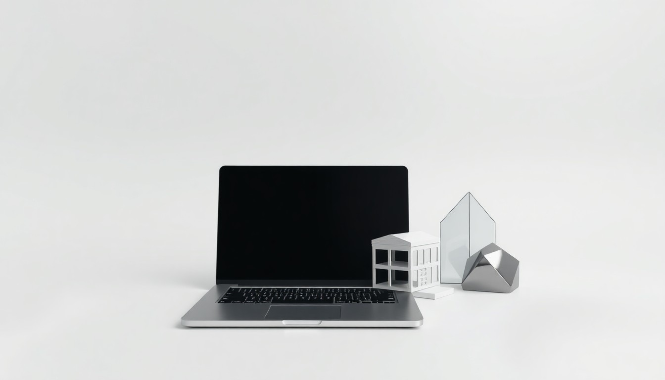 A high-end, photorealistic studio still-life photograph featuring a sleek, modern laptop computer, a stylized architectural model, and a few geometric shapes made of polished metal and glass, all arranged elegantly on a clean, monochromatic seamless background, conceptually representing the technology-driven real estate development solutions of SHN Miami Inc.
