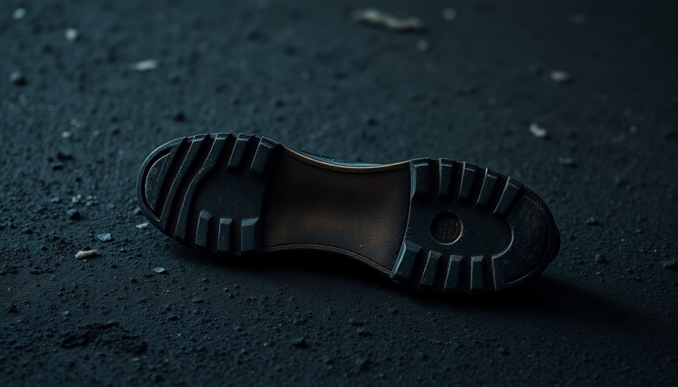 An extreme close-up photograph of a discarded shoe sole on a dark, textured surface, conveying a sense of abandonment and the aftermath of a violent encounter.