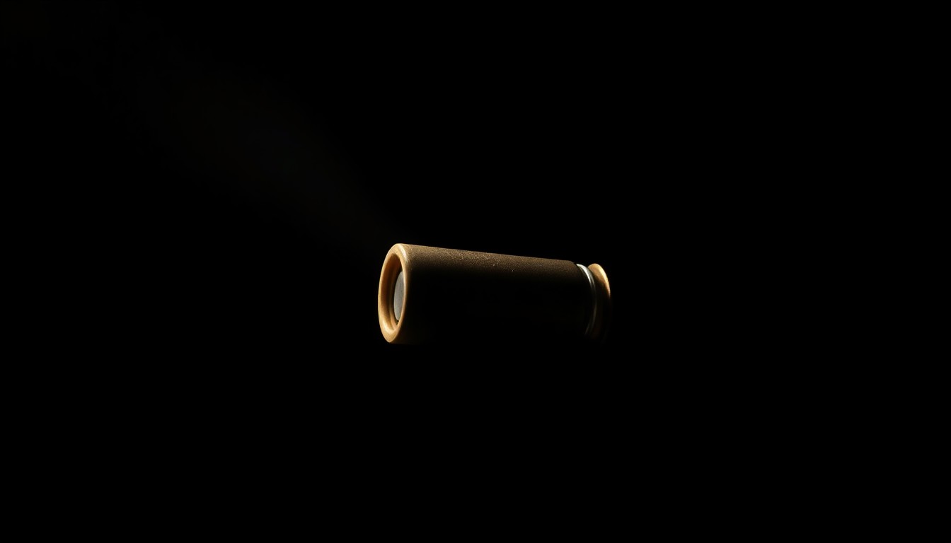An extreme close-up photograph of a single spent shell casing from a handgun, lit by a harsh, direct camera flash against a pitch-black background, conceptually representing the deadly aftermath of a violent crime.