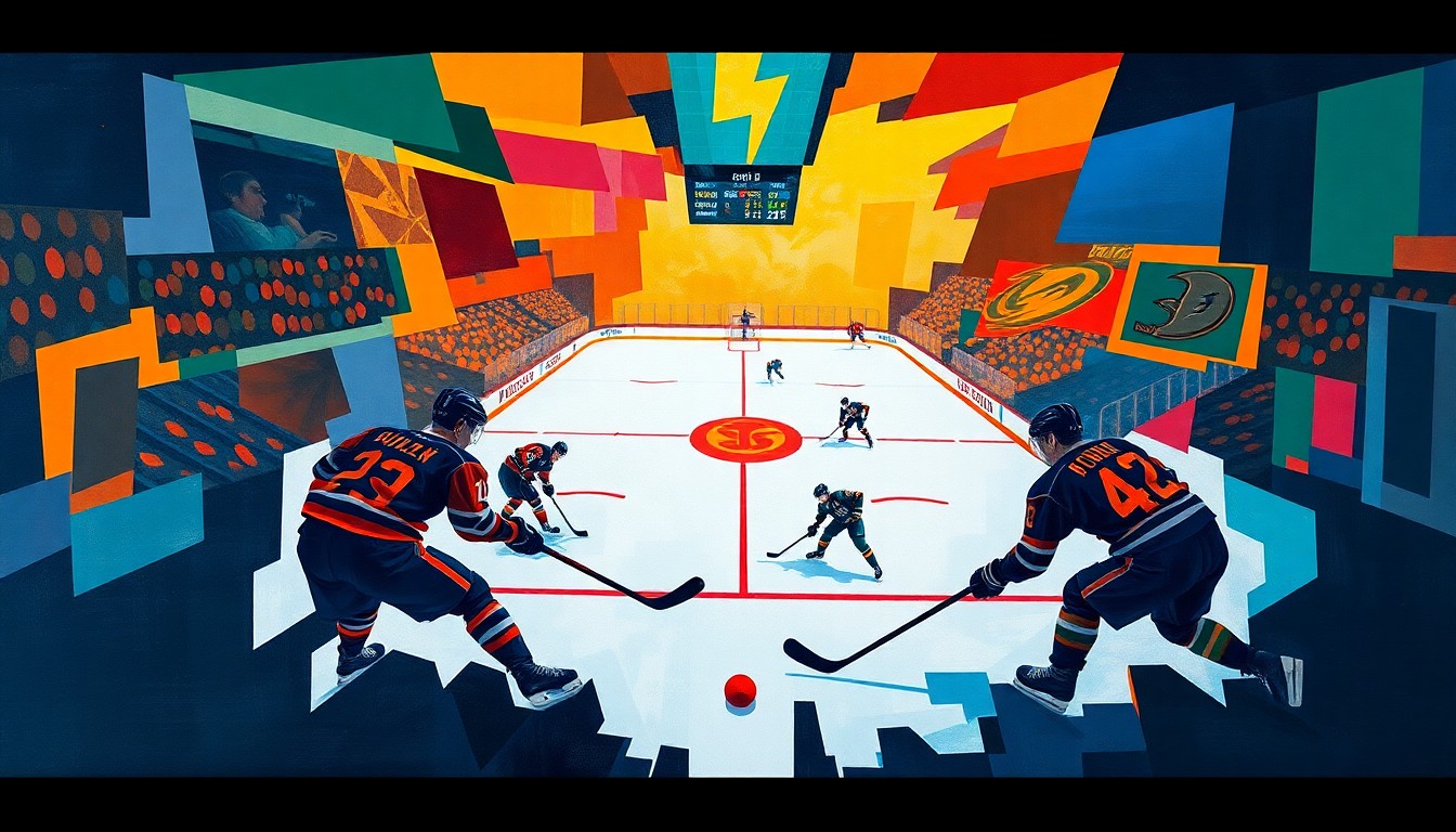 A cubist, geometric painting depicting an intense hockey playoff game, with the players, puck, and arena rendered in sharp, overlapping planes of vibrant blue, orange, and white colors.