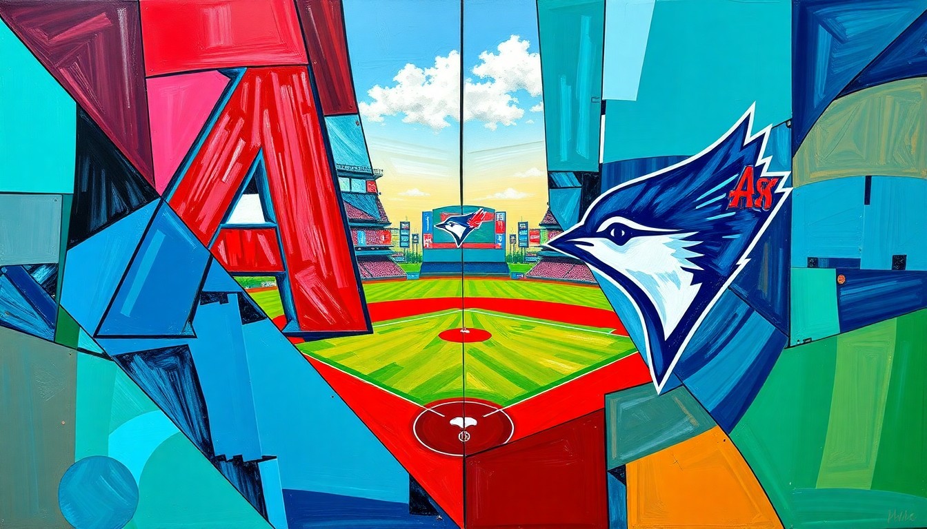 A fractured, multi-perspective painting in bold, vibrant colors representing the dynamic action of a baseball game between the Arizona Diamondbacks and Toronto Blue Jays, with overlapping geometric shapes and planes capturing the energy and intensity of the matchup.