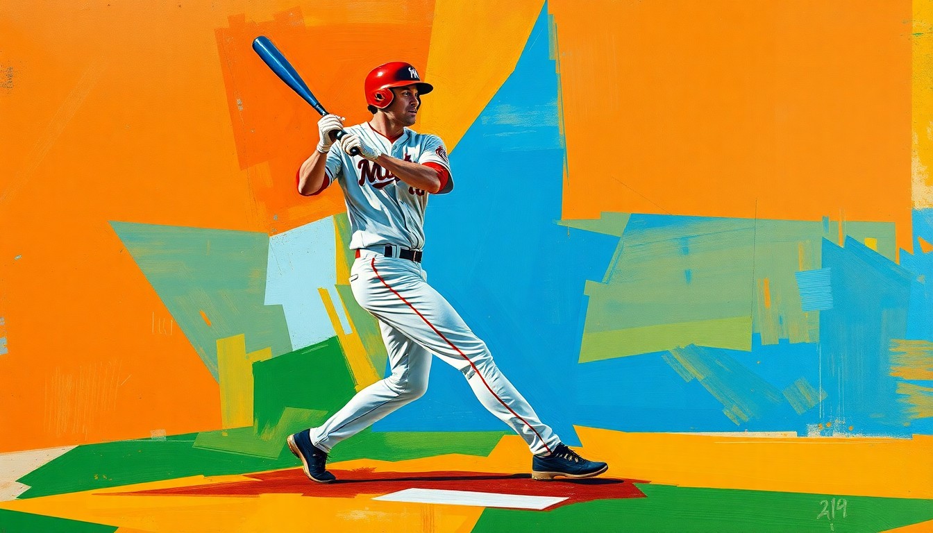 A cubist-style painting depicting a baseball player's batting motion broken down into overlapping geometric shapes in bright, vibrant colors, conceptually representing the dynamic and multifaceted nature of Jeremiah Jackson's game.