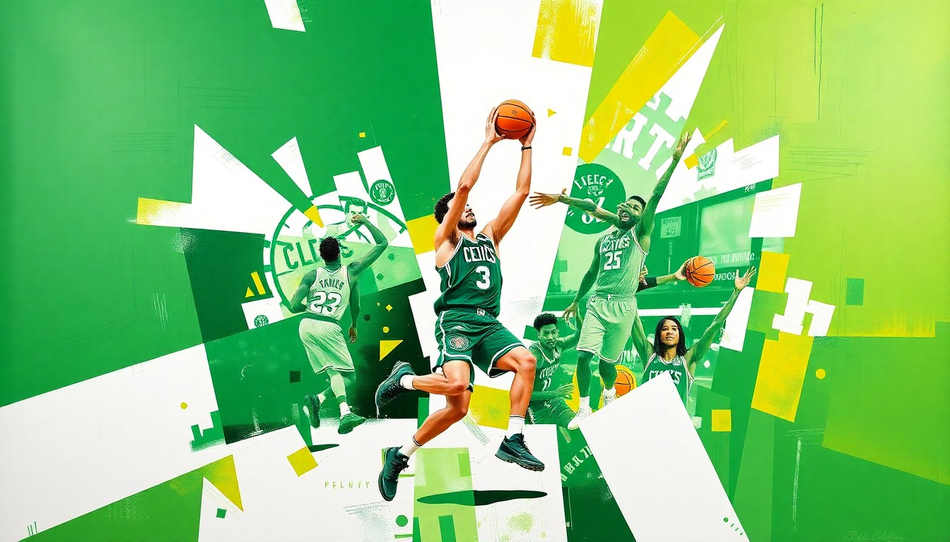 A cubist, geometric painting depicting a basketball player in motion, with the player's form fractured and abstracted into overlapping planes of green, white, and gold.