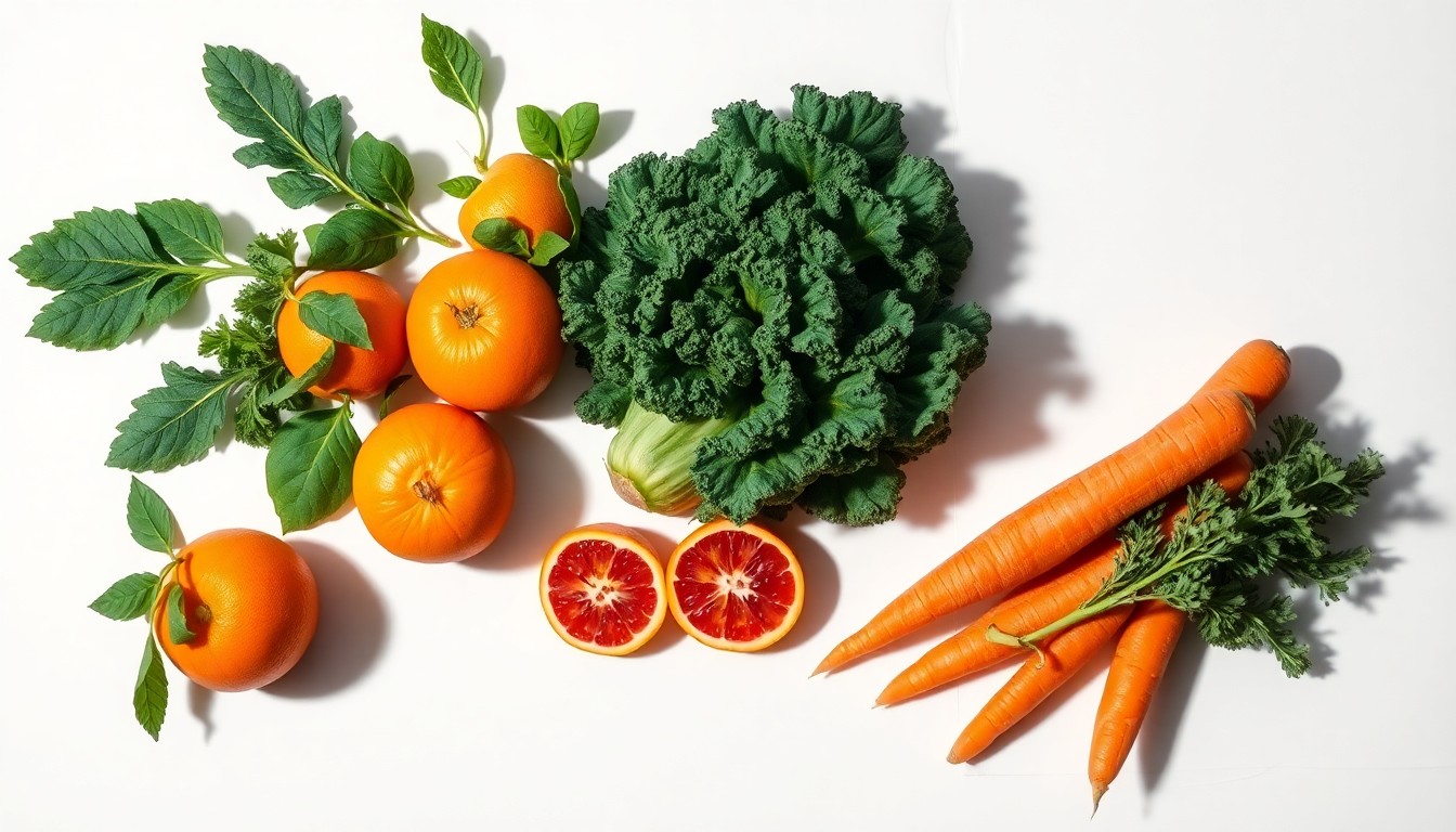 A high-end, photorealistic studio still-life photograph featuring an assortment of freshly harvested fruits and vegetables, including oranges, kale, and carrots, arranged elegantly on a clean, white seamless background with dramatic lighting and shadows.