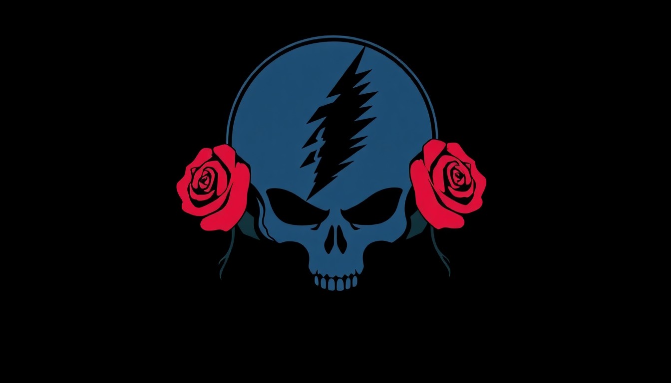 An abstract, minimalist illustration featuring bold black silhouettes of the Grateful Dead's iconic skull and roses symbol against a high-contrast background of solid colors, conceptually representing the band's music and devoted fanbase.