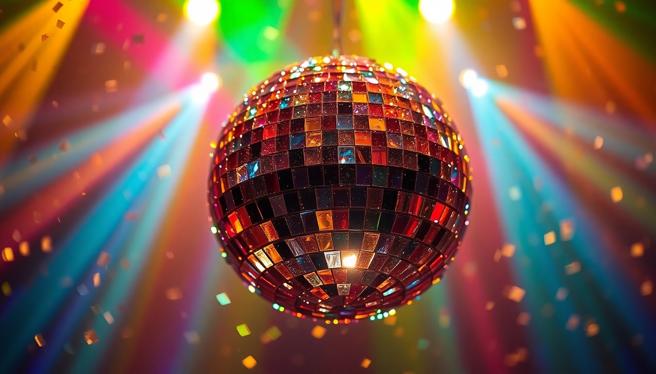 An extreme close-up photograph of shattered disco ball fragments reflecting multicolored stage lights, creating a glittering, high-energy visual metaphor for the immersive concert experience.