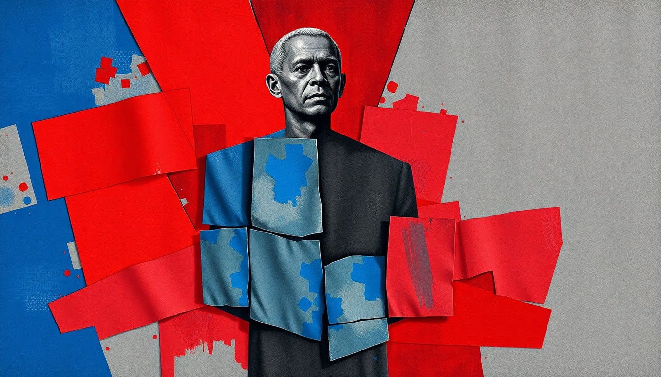 An abstract, fractured painting in shades of blue, red, and grey, conceptually representing the political debate over Haitian TPS without any specific identifiable elements.