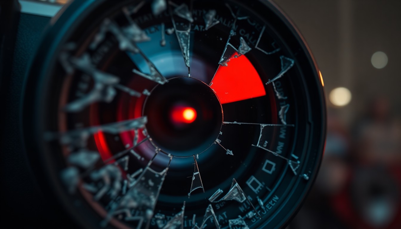 An extreme close-up of a shattered camera lens reflecting a faint red light, conceptually illustrating the violence against a journalist covering a protest.