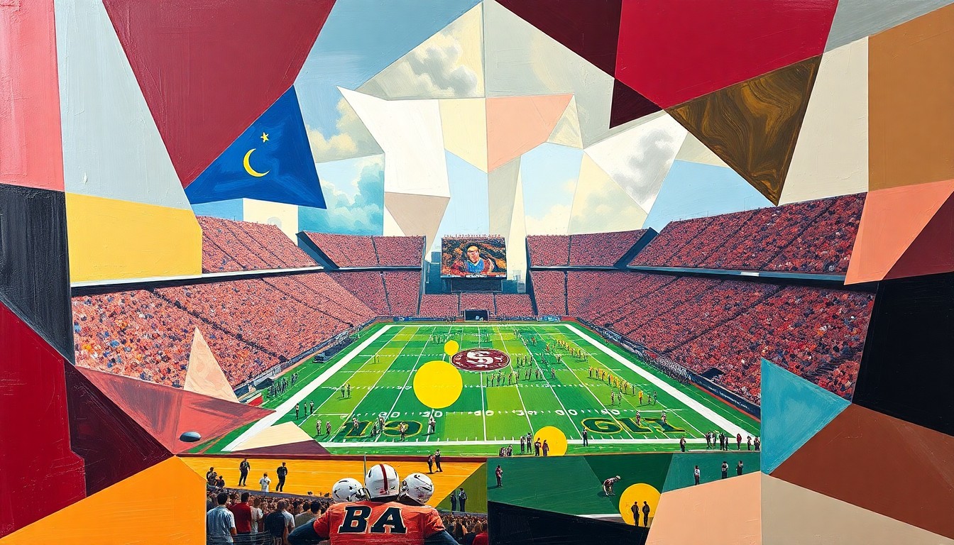 A fragmented, geometric painting depicting a Florida State Seminoles football game, with the players and field broken down into sharp, overlapping planes of color and shape, conceptually representing the team's lack of cohesion and top-tier talent.