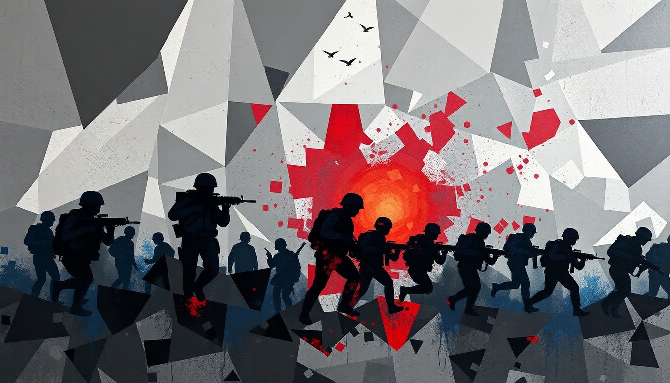 A conceptual illustration featuring overlapping, fragmented geometric shapes in shades of grey, blue, and red, conveying the chaotic and dehumanizing nature of modern warfare through an abstract, non-literal visual metaphor.