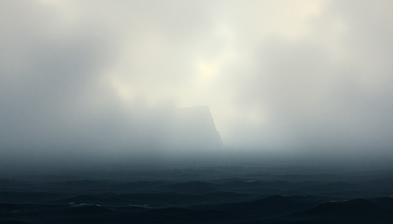 A vast, atmospheric landscape painting depicting a dramatic seascape with a faint outline of a natural coquina rock revetment structure emerging from the mist, conveying the overwhelming scale and power of the natural world.