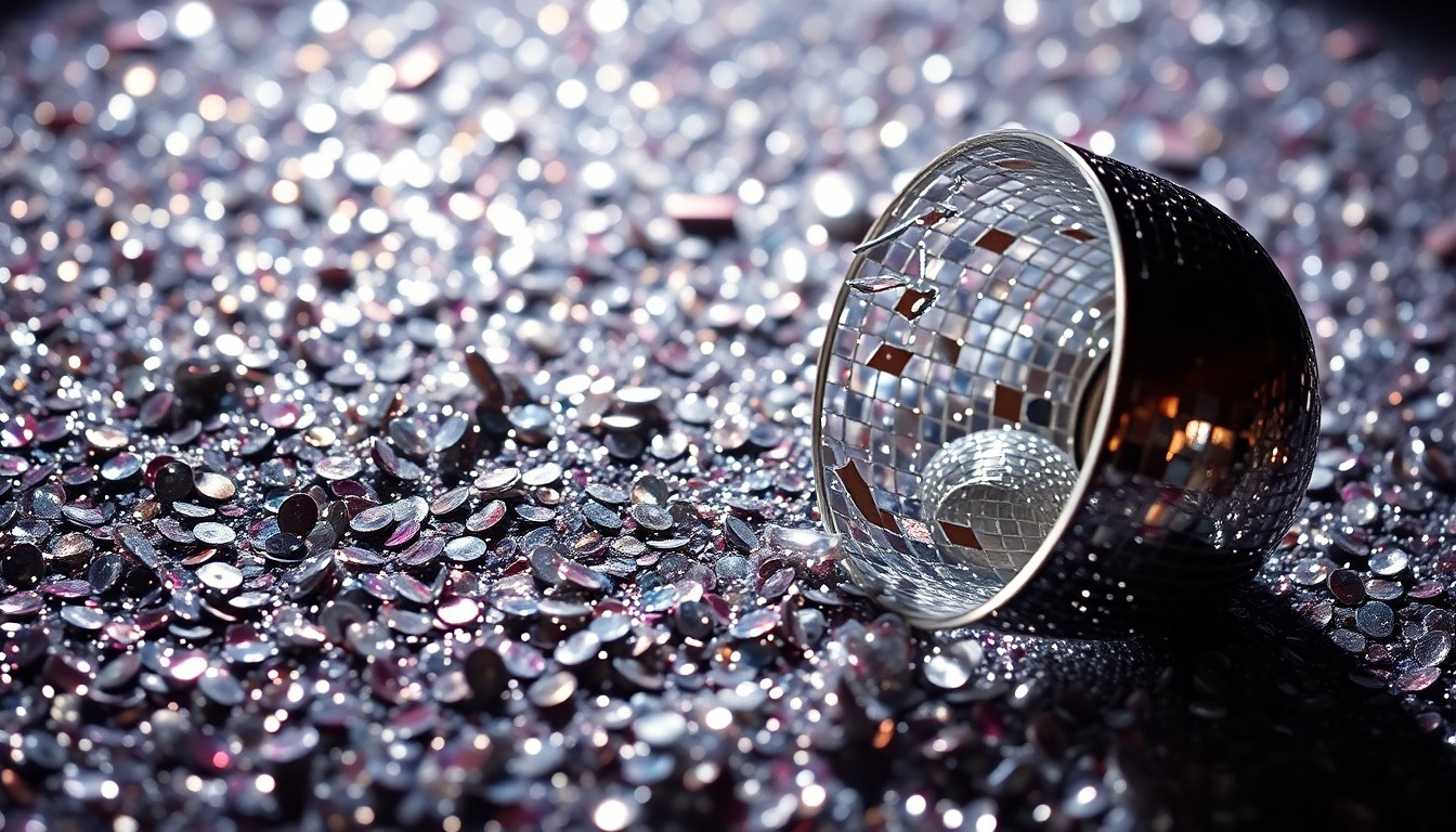 An abstract close-up image featuring a textured, high-contrast composition of glittering sequins and shattered glass, conceptually representing the vibrant and diverse programming on HBO in 2026.