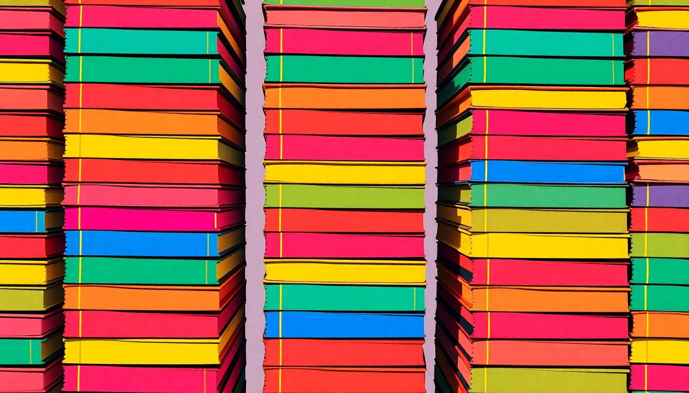 A vibrant, high-contrast silkscreen print featuring a repeating grid of colorful book spines, conceptually representing the arrival of an independent bookstore in the local community.