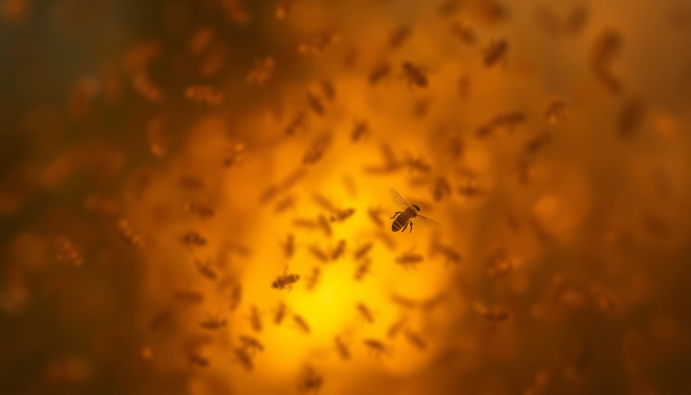 An abstract, out-of-focus photograph in warm, golden tones depicting a hazy, dreamlike scene of swarming bees, conceptually representing the unexpected challenges faced by transportation authorities when dealing with unusual cargo incidents.