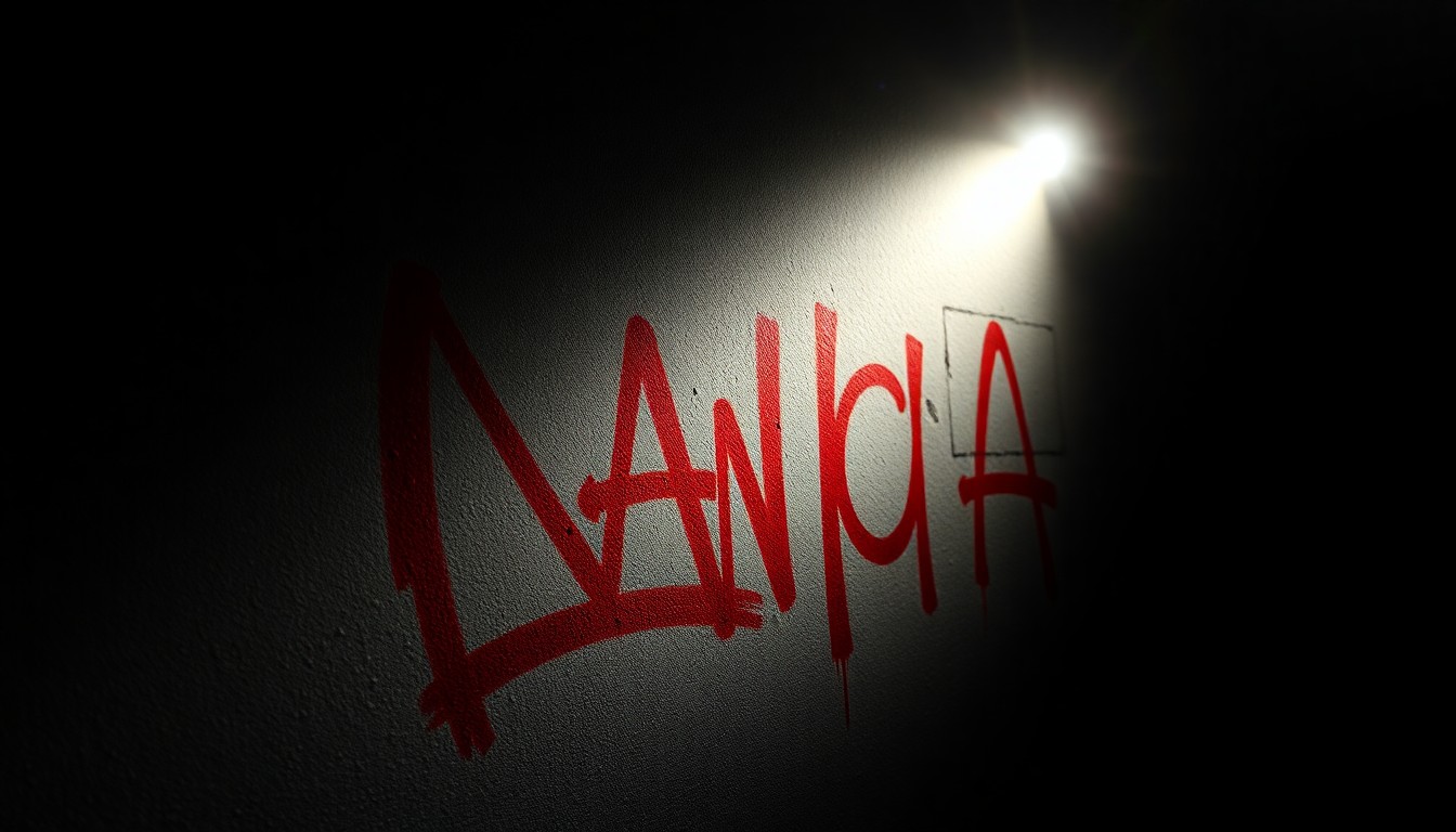 An extreme close-up photograph of a freshly painted graffiti tag in bold, bright colors on a rough concrete wall, conceptually illustrating the vandalism of public property.