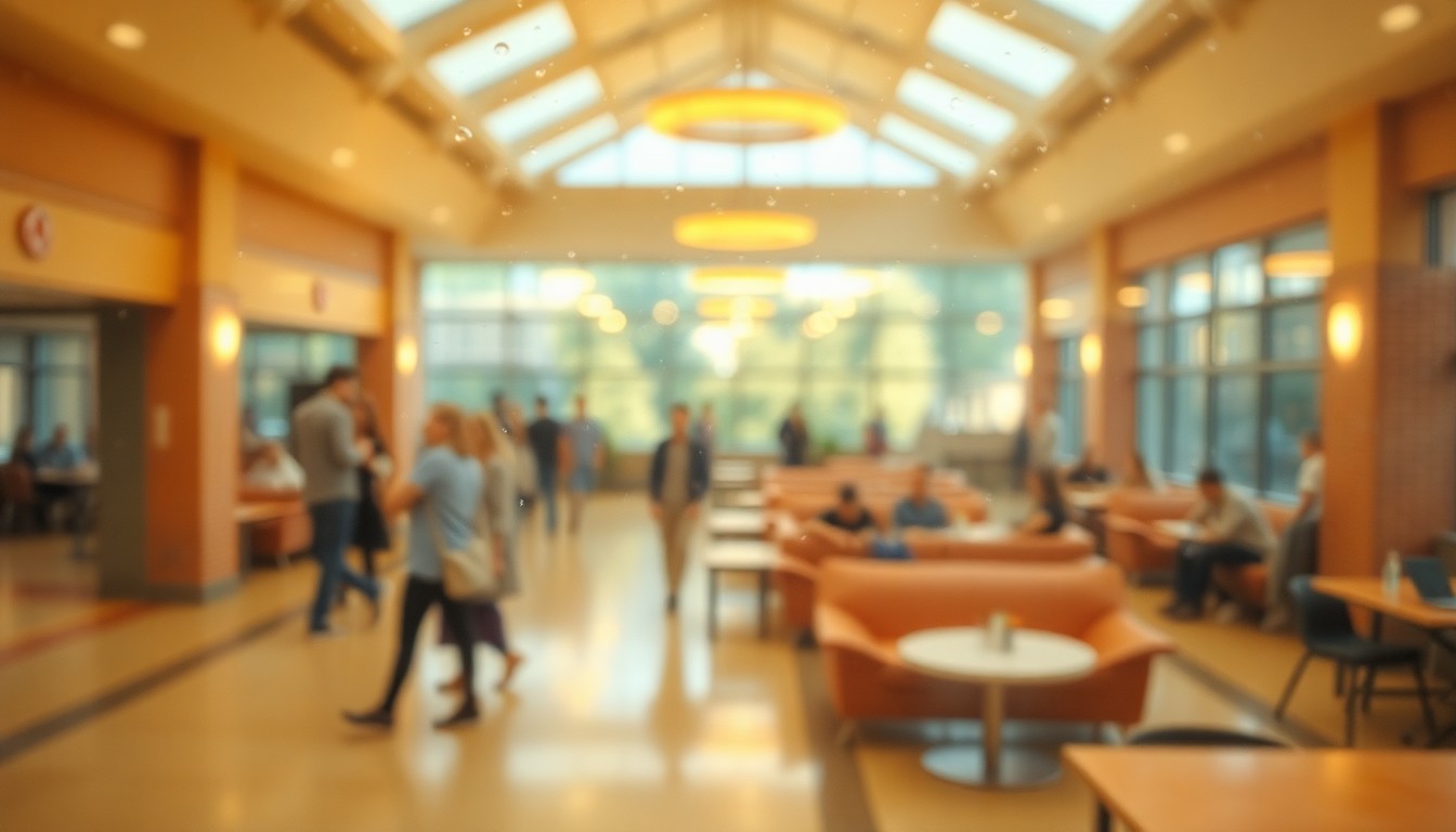 An abstract, impressionistic photograph of a blurred, softly lit university student union, conveying a sense of warmth, community, and activity.