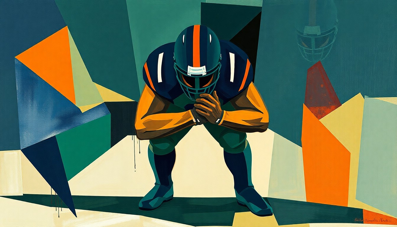 A fragmented, cubist-style painting depicting an offensive lineman in motion, with his body and movements broken down into sharp, overlapping geometric shapes and planes in a palette of dark blues, greens, and oranges.