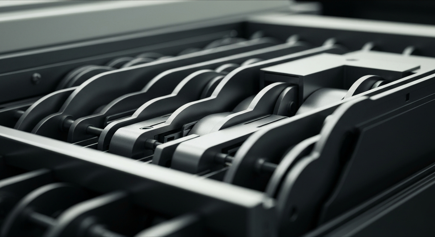 A close-up, cinematic view of the inner workings of a modern cash register or point-of-sale system, representing the financial machinery that powers Ross Stores' off-price retail model. The image is muted in tone, with shades of steel, chrome, and dark shadows, creating a sense of the heavy, tangible nature of the banking and financial systems that underpin the company's success.